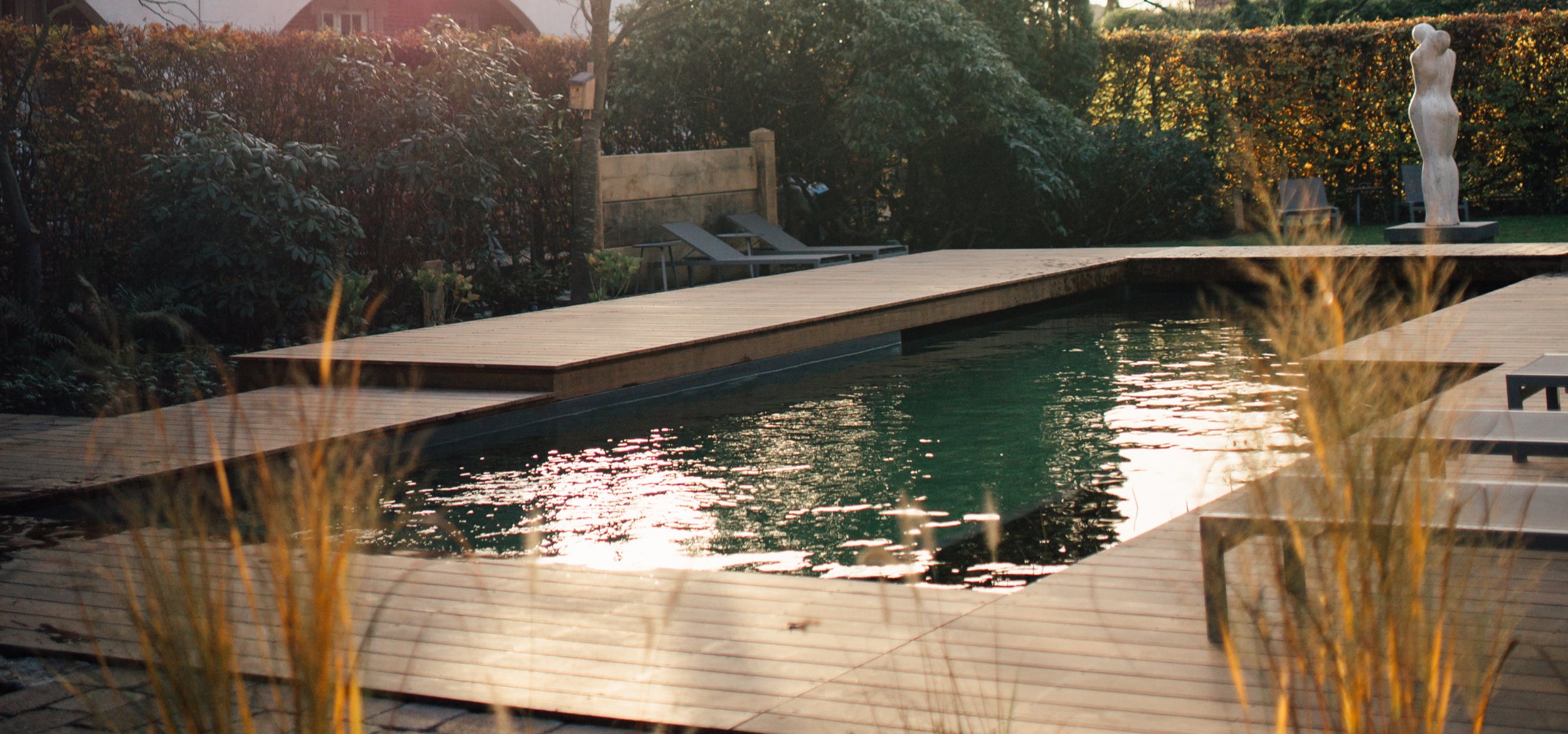 Der Naturpool mit Balena-System des Hotel-Residence „Klosterpforte” in Marienfeld mit Liegen, im Vordergrund Pflanzen