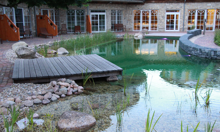 Schwimmteich mit Balena-System mit Liege und Uferbepflanzung im Wellnesshotel SPA & Naturresort „Seeschlösschen” in Senftenberg